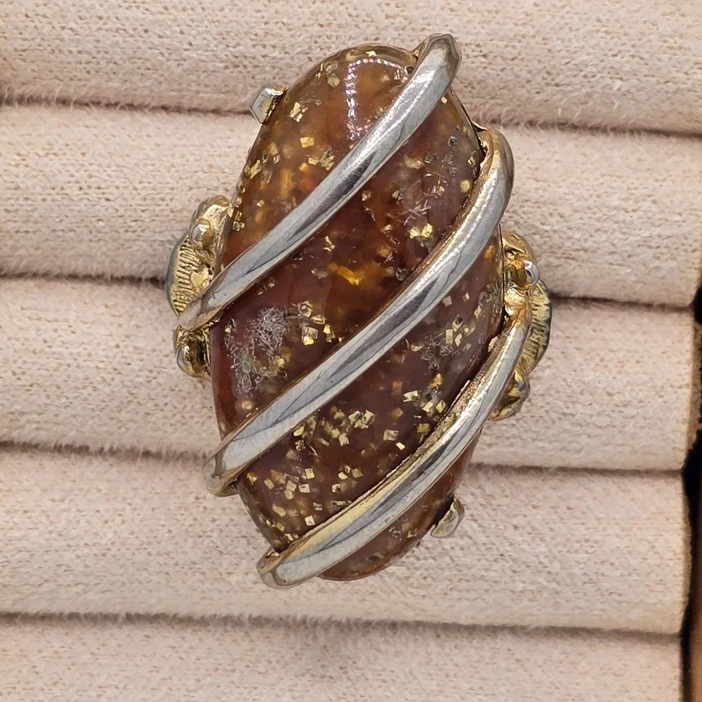Vintage Wire Wrapped Amber Color  Abstract Statement Ring Size 4 Adjustable